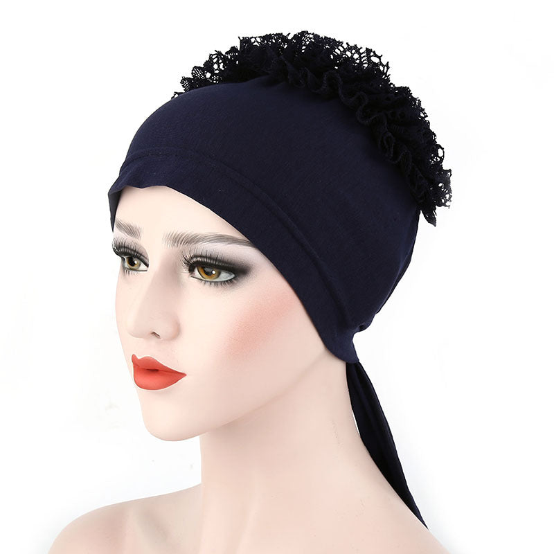 TJM-蕾丝盘花 plain lace flower hijab turban hat