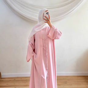 K113  Satin Tie-Front Open Abaya + Inner Dress Set - No Hijab