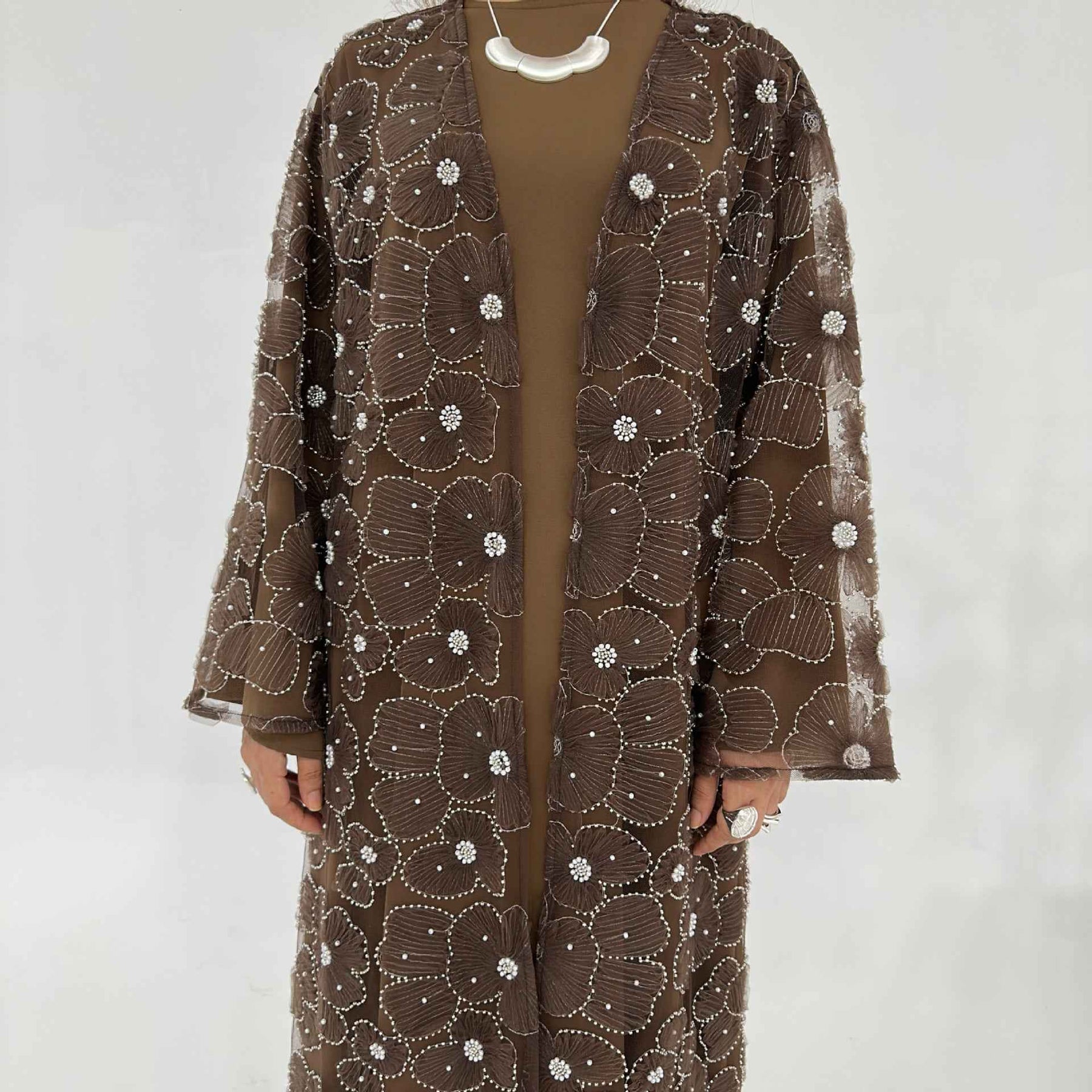 LR1069  3D Floral Beaded Cardigan Abaya