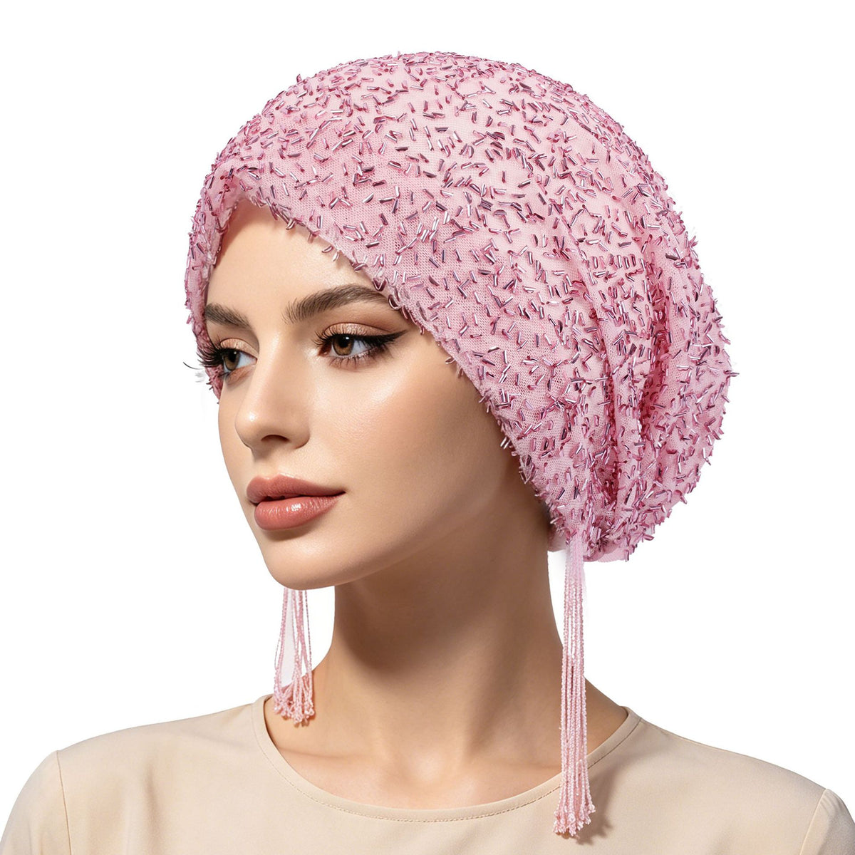 High-end boutique beaded tassels hat Polyester Hijab - Color Option
