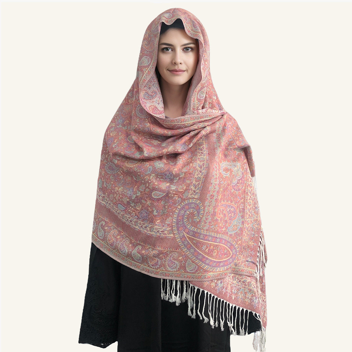 WJ005  Faux Cashmere Paisley Embroidered Tassel Scarf