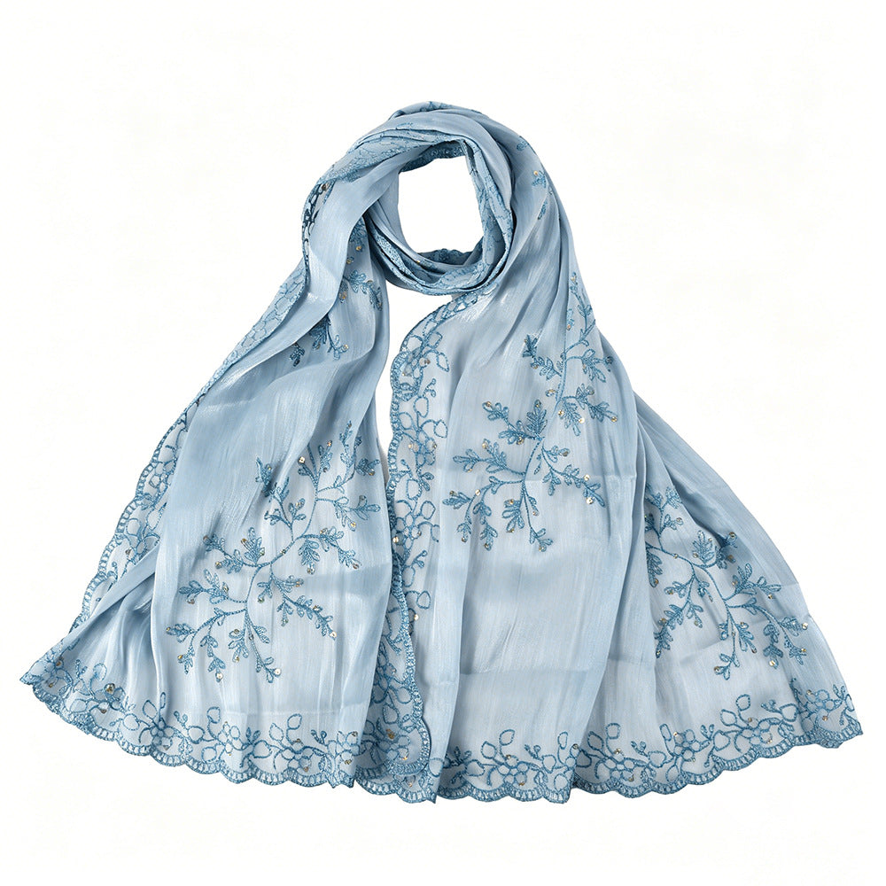 WJ115  Plain Embroidered Scallop Edge Sea Island Silk Hijab