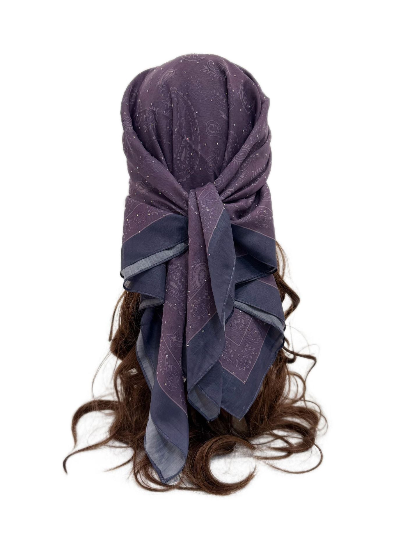 ASYLT552509018  90*90cm Paisley Printed Polyester Hotfix Rhinestone Square Scarf