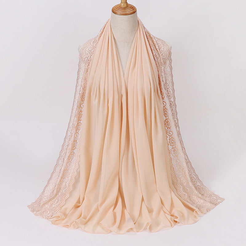 珍珠 边 Plain Chiffon Lace Hijab - Color Option