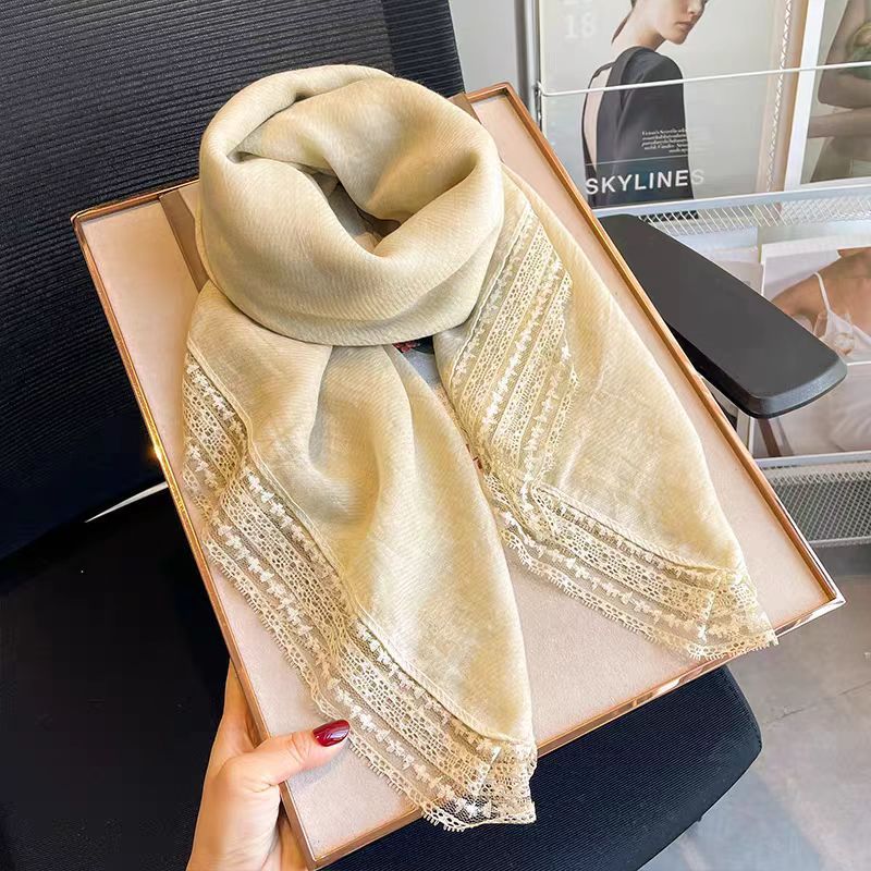 SS006  Plain Lightweight Lace Trim Polyester-Cotton Square Scarf