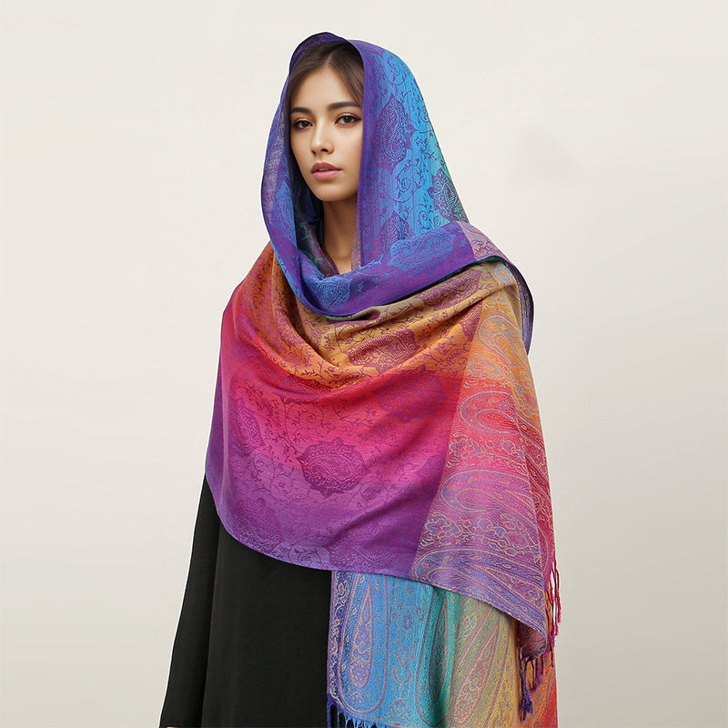 T318-01  Paisley Embroidered Ombre Tassel Polyester Cotton Scarf