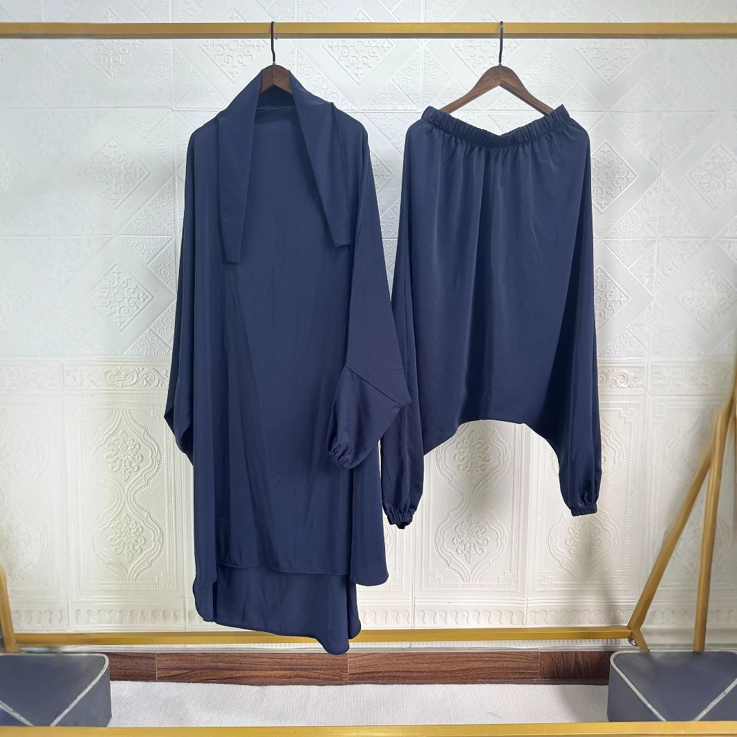 P103  Plain 2-Piece Loose Long Sleeve Top Hijab and Tied Pants Set