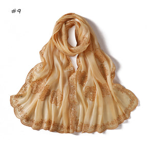 YZ343  Sequin Floral Embroidered Lace Trim Breathable Hijab
