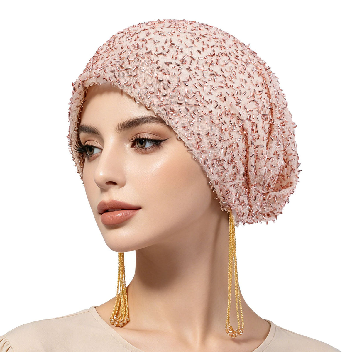 High-end boutique beaded tassels hat Polyester Hijab - Color Option