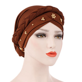 TJM-短辫金珠 golden beads plain hijab turban hat