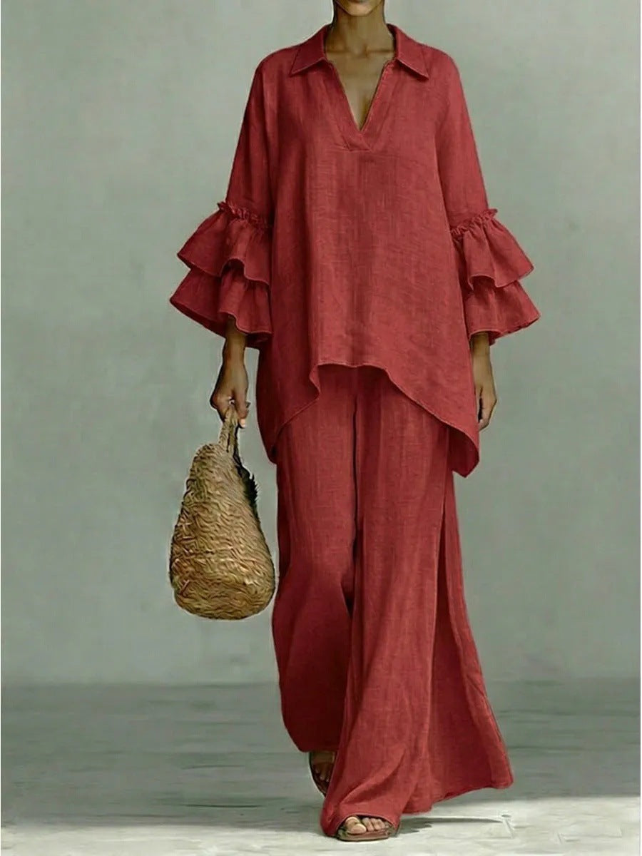 8152  Women Casual Plain Shirt Collar Loose Pants Two Piece Set