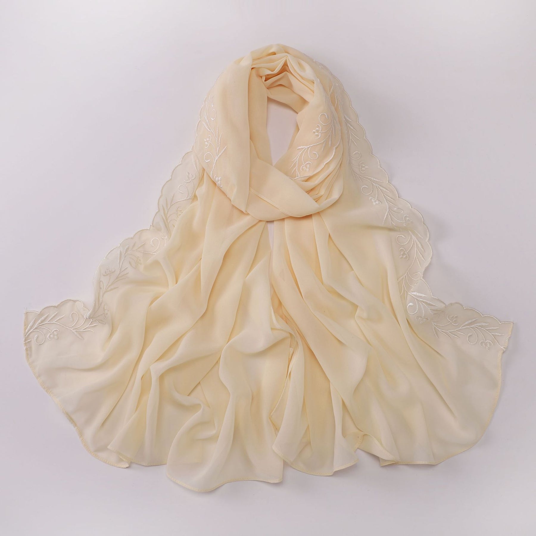 W-0512  Pearl Chiffon Long Hijab with One Side Embroidery