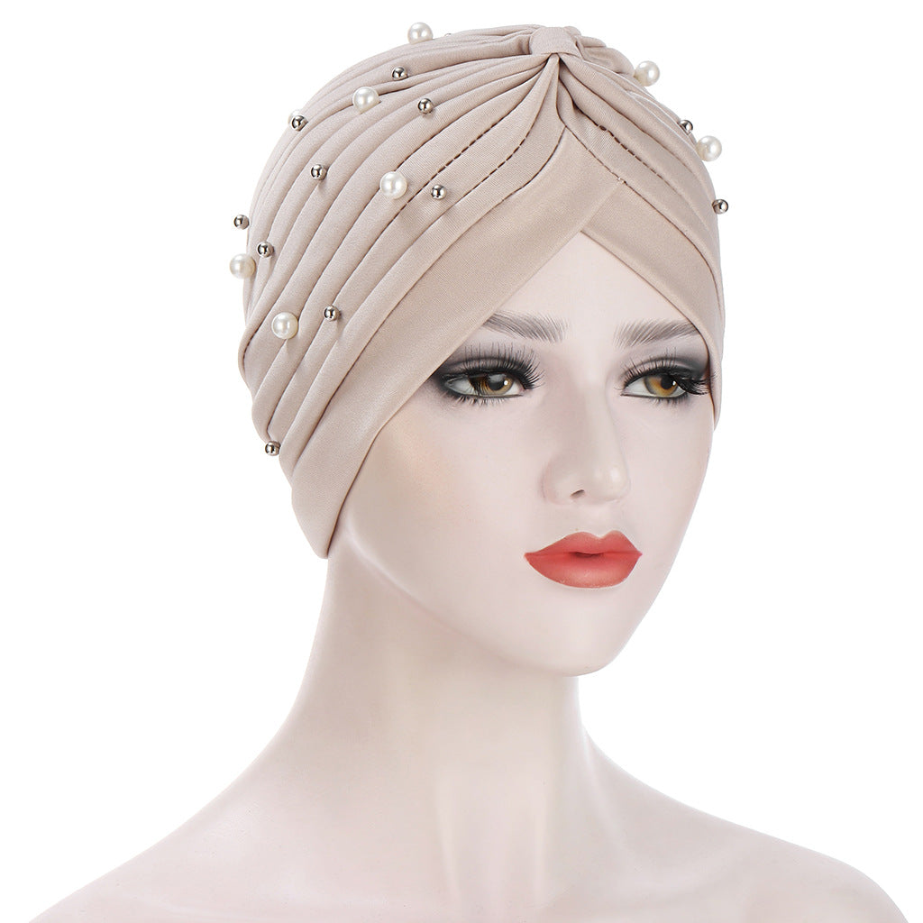 TJM-YD帽钉大小珠 pleated pearl hijab turban hat