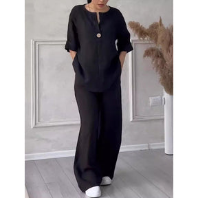 8605  Women's Comfortable Loose Top & Wide-Leg Pants Cotton Linen Set