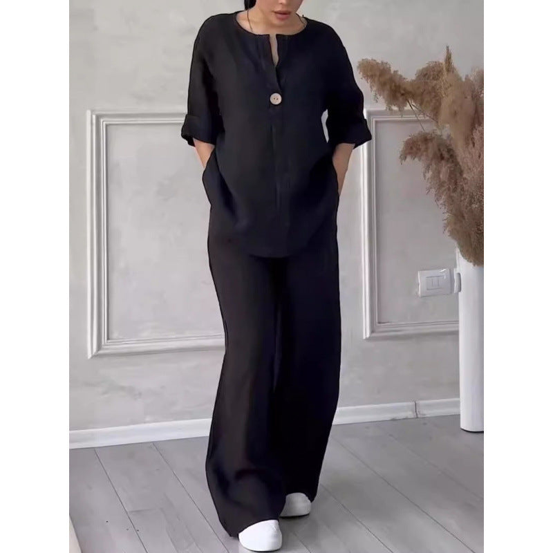 8605  Women's Comfortable Loose Top & Wide-Leg Pants Cotton Linen Set