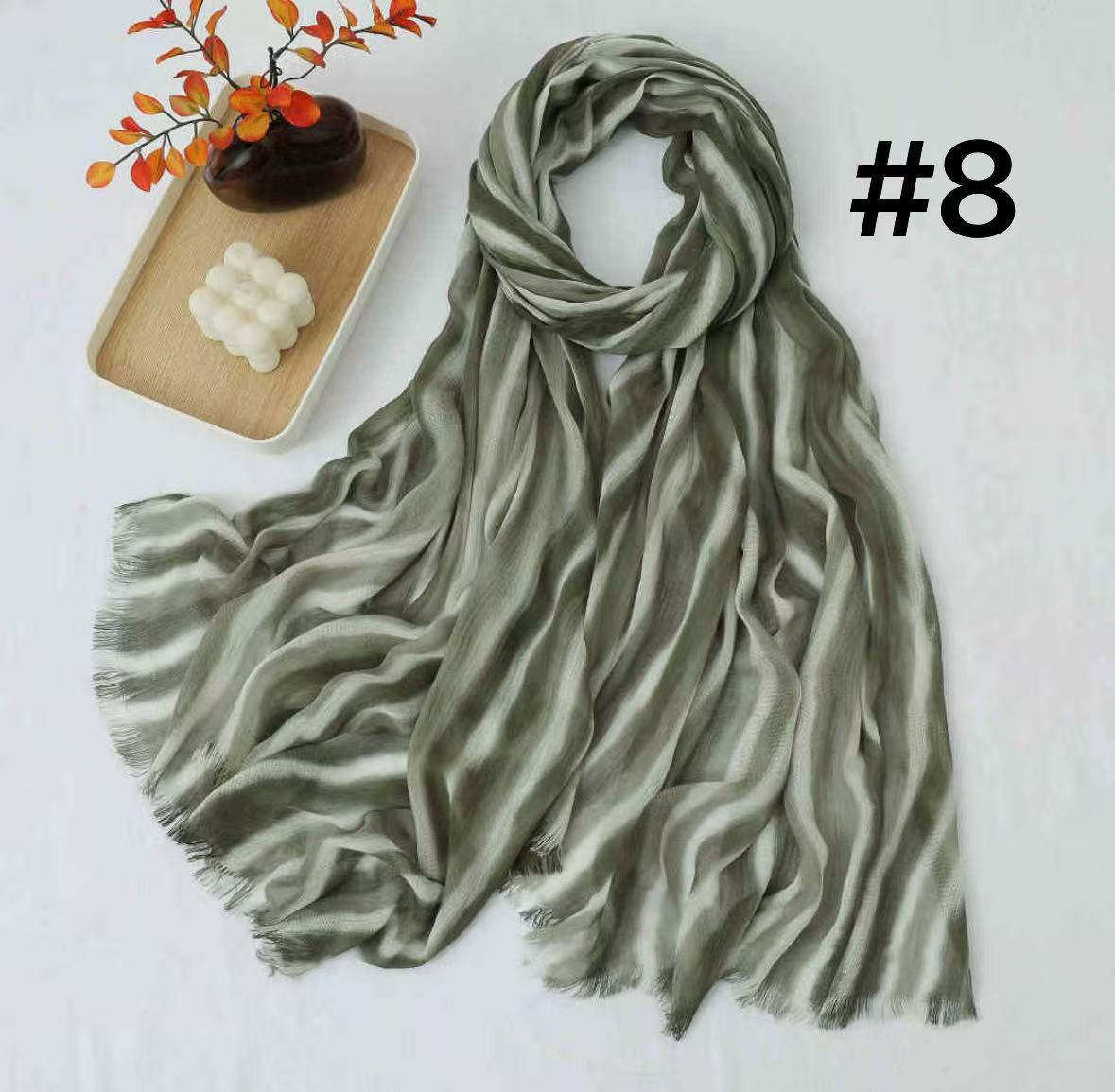 SS017  Striped Tie-Dye Modal Crinkle Hijab with Short Fringe