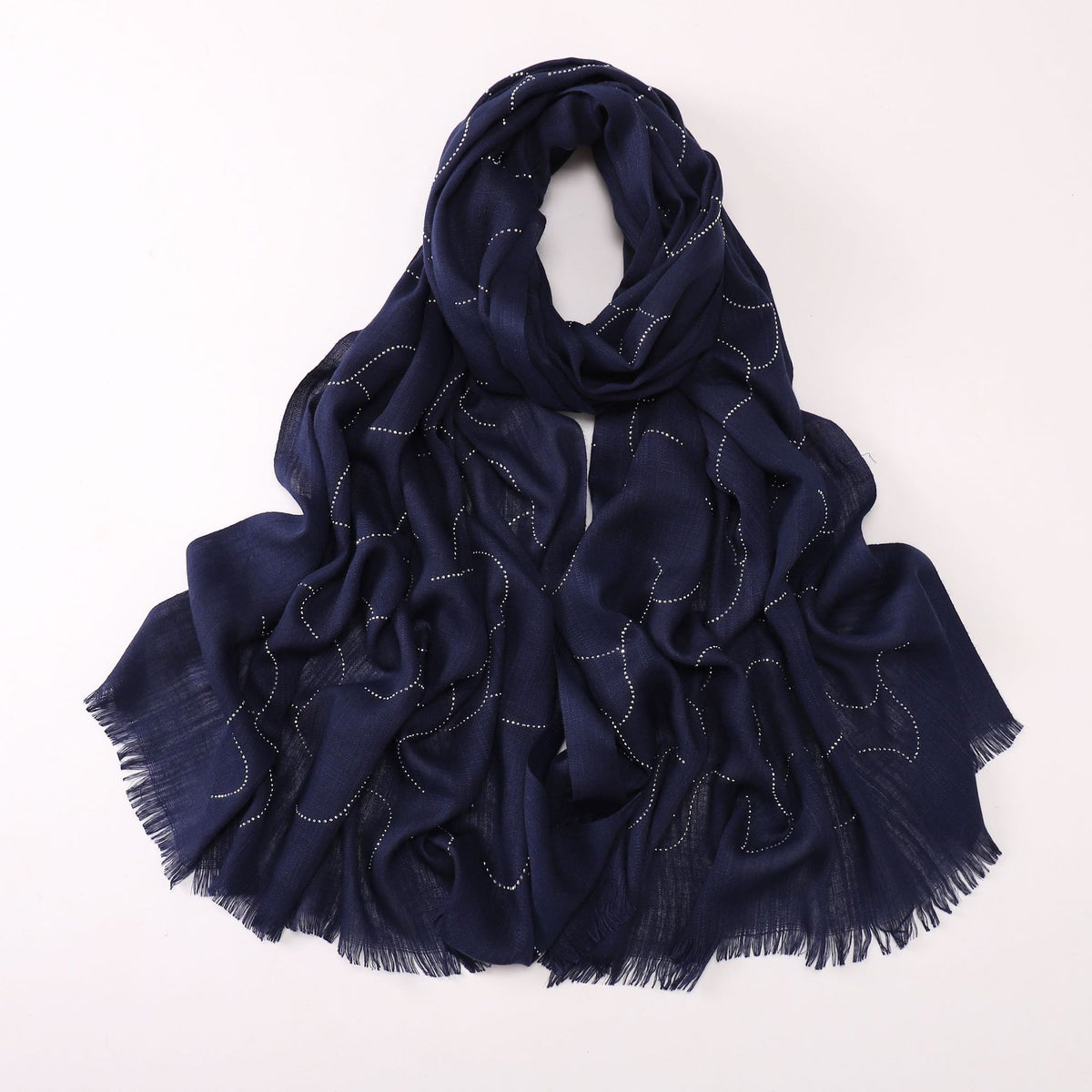 260602  Plain Soft Bamboo-Texture Yarn Short Fringe Hot-Fix Crystal Hijab