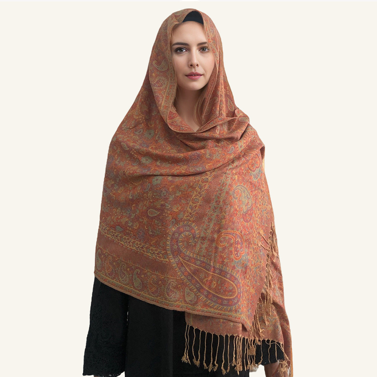 WJ005  Faux Cashmere Paisley Embroidered Tassel Scarf