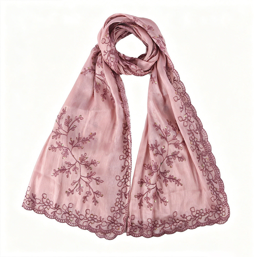 WJ115  Plain Embroidered Scallop Edge Sea Island Silk Hijab