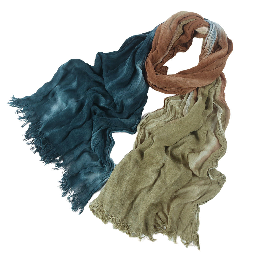 SS009  Modal Tie-Dye Oil Painting Style Two-End Fringed Crinkled Hijab