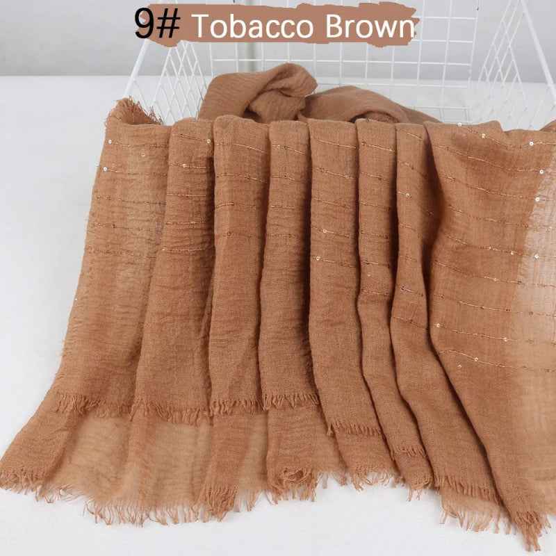 XUXU04  Plain Linen-Cotton Hijab with Raw Edge, Wrinkled Texture, and Sequins