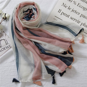 SL2202-009  Women's Ethnic Cotton Linen Feel Scarf with Wheat Ears Tassels