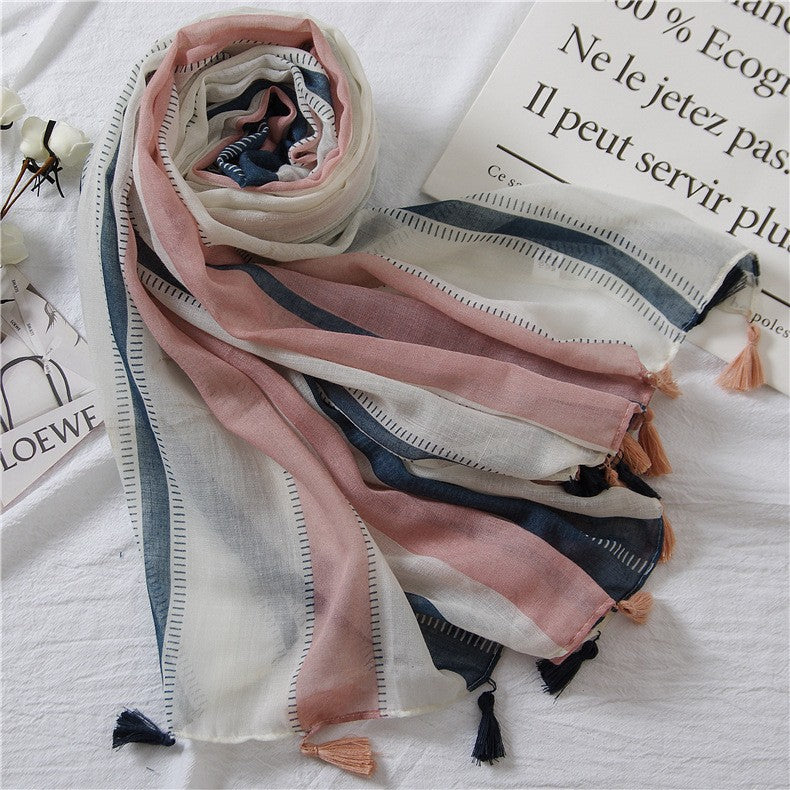 SL2202-009  Women's Ethnic Cotton Linen Feel Scarf with Wheat Ears Tassels