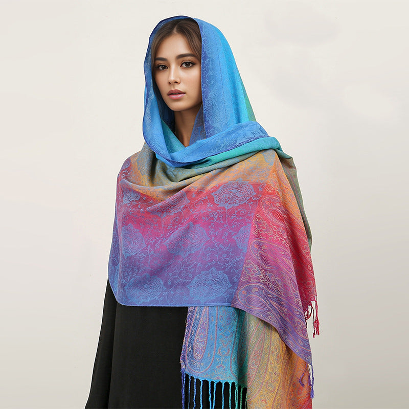 T318-01  Paisley Embroidered Ombre Tassel Polyester Cotton Scarf