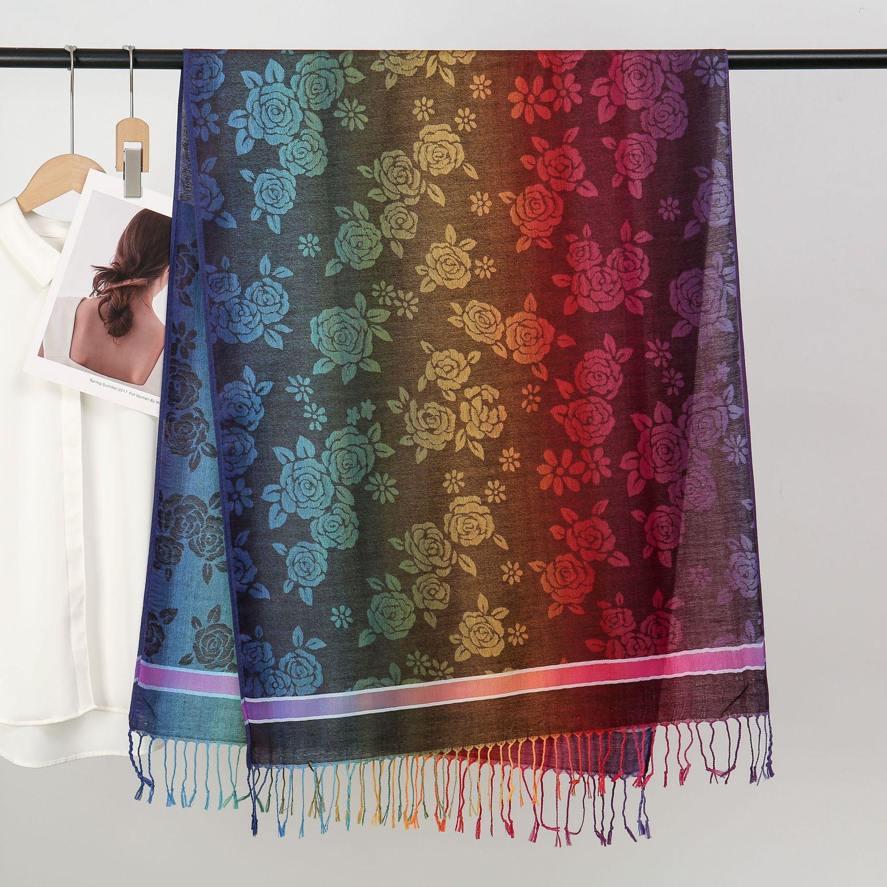 YF0438  Colorful Jacquard Soft Polyester Tassel Long Scarf