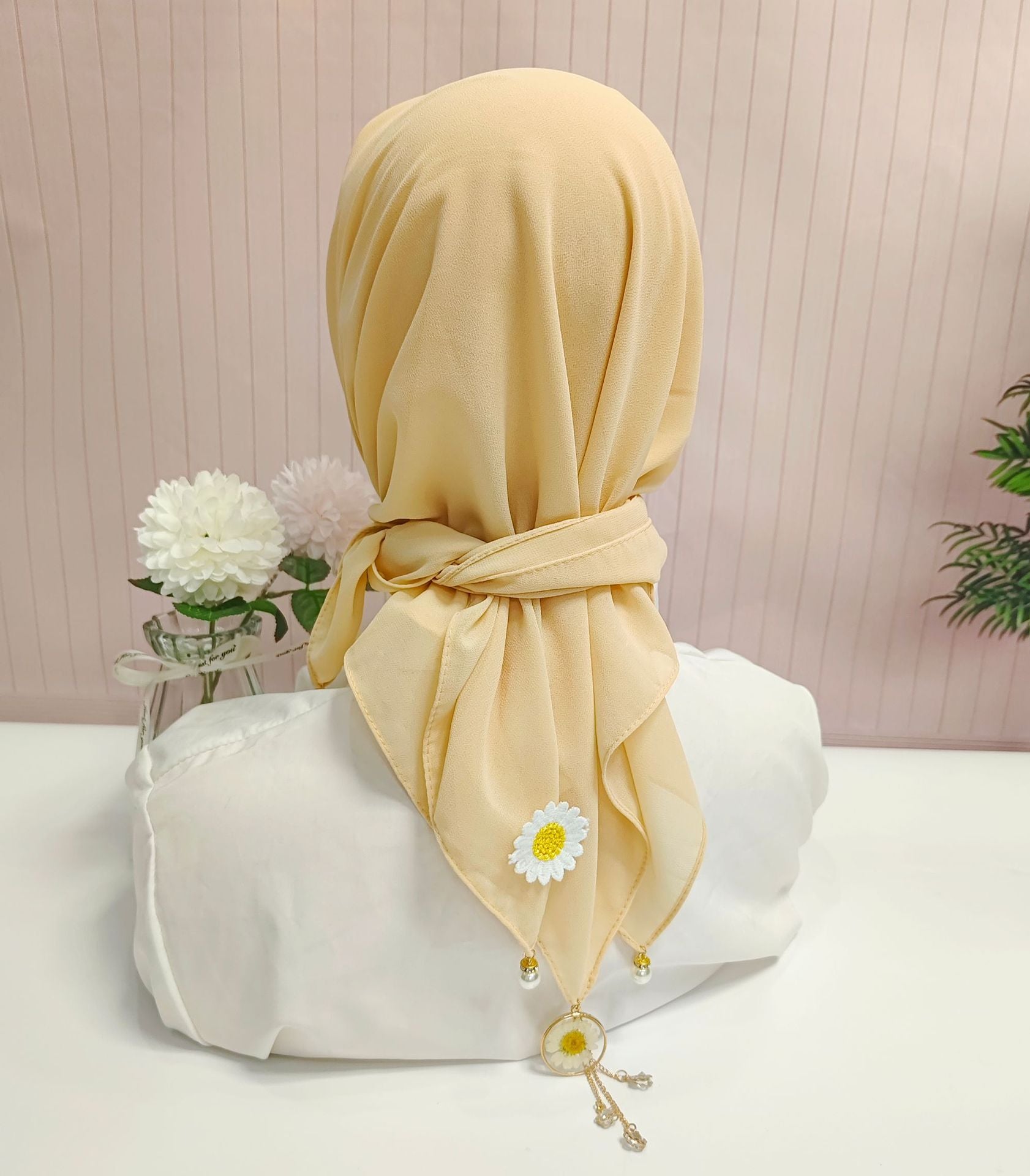 W-0036 plain pearl chiffon small daisy kerchief hijab scarf