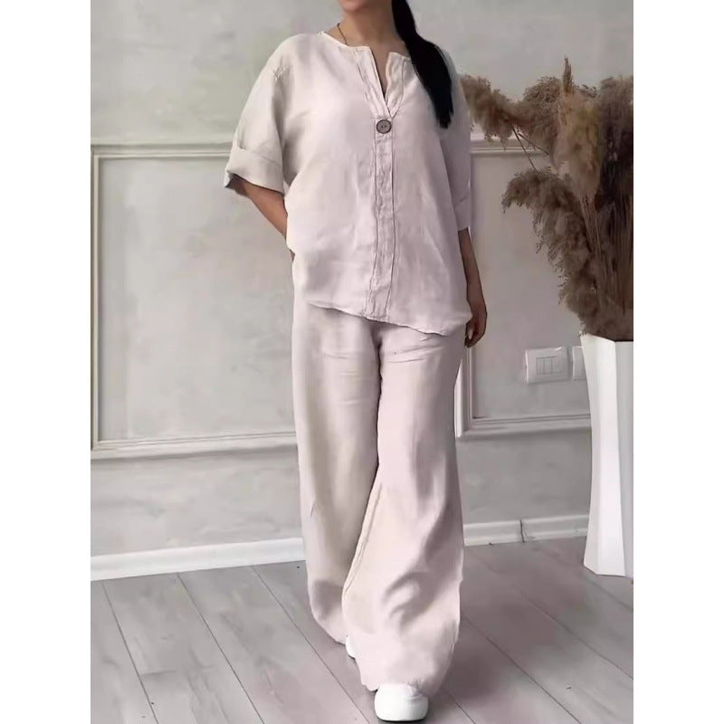 8605  Women's Comfortable Loose Top & Wide-Leg Pants Cotton Linen Set