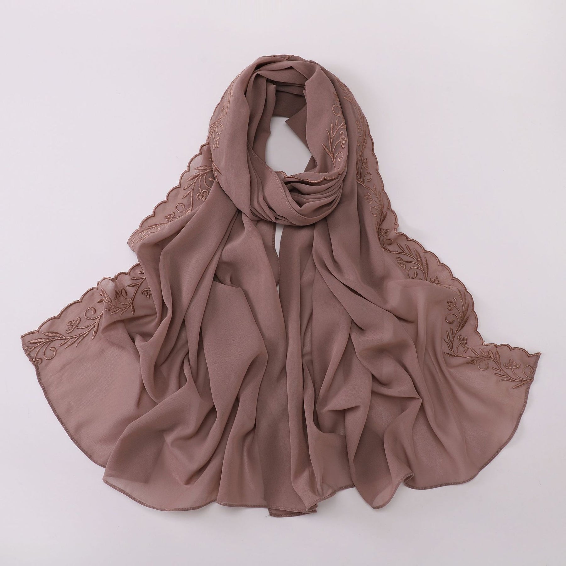W-0512  Pearl Chiffon Long Hijab with One Side Embroidery