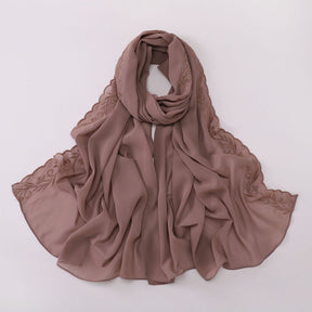 W-0512  Pearl Chiffon Long Hijab with One Side Embroidery