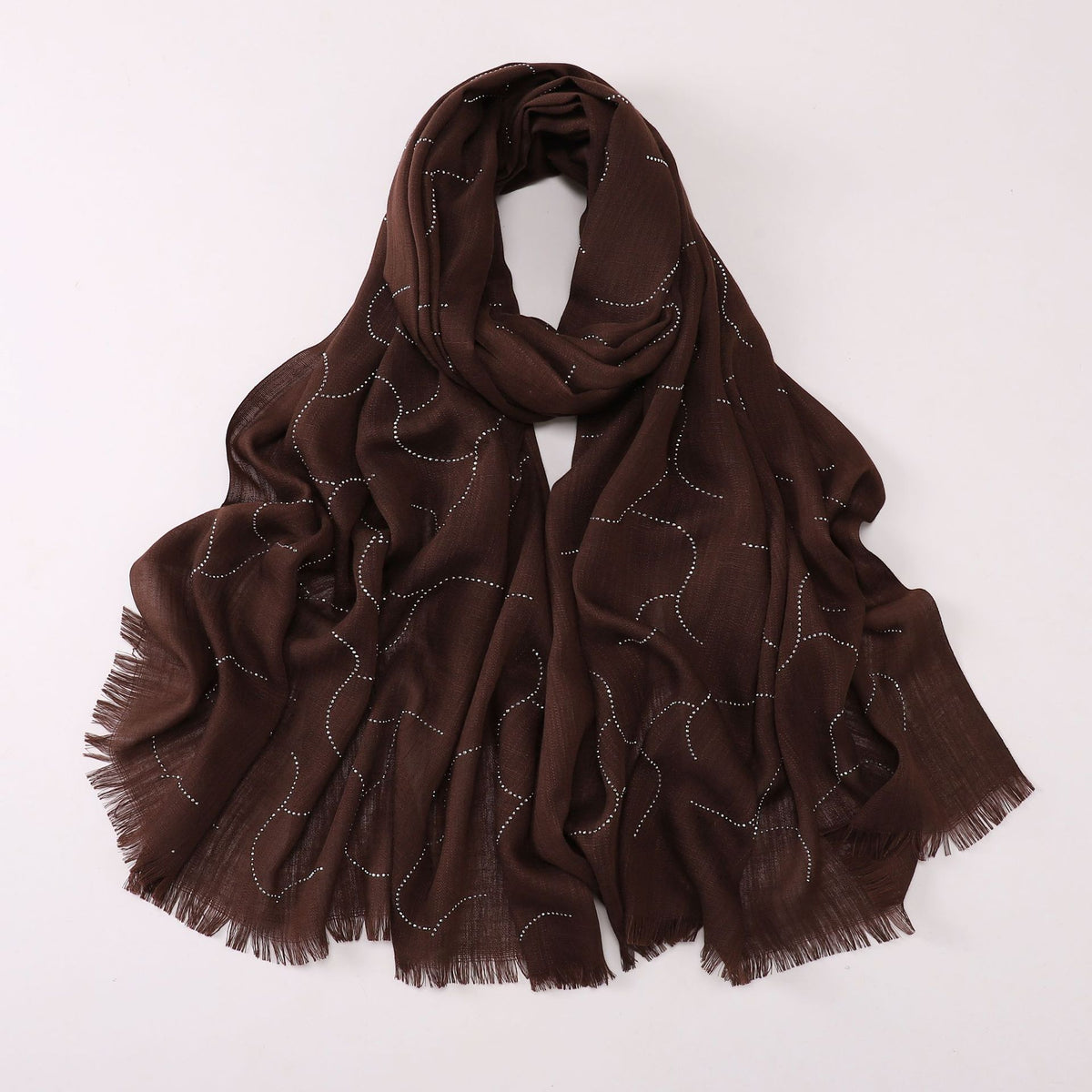 260602  Plain Soft Bamboo-Texture Yarn Short Fringe Hot-Fix Crystal Hijab