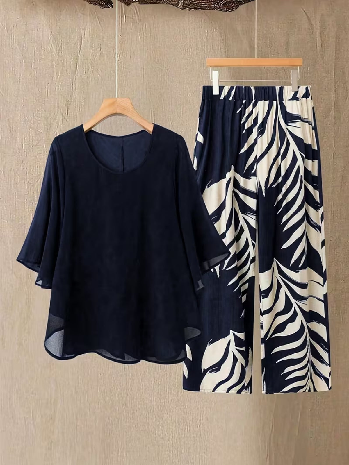 AL963438047152  Elegant Plus Size Chiffon Top & 4-Way Stretch Pants Set