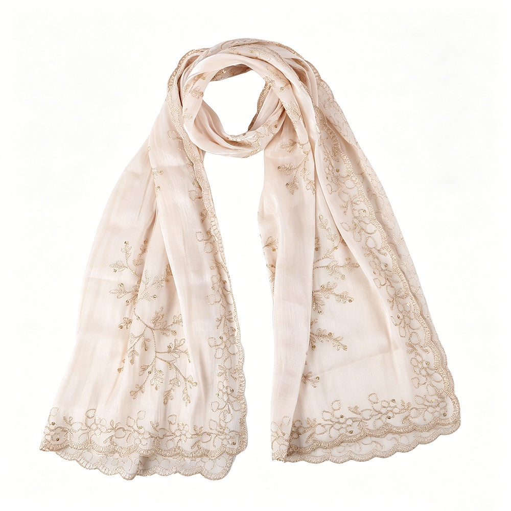 WJ115  Plain Embroidered Scallop Edge Sea Island Silk Hijab