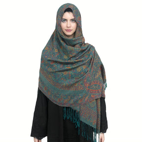 WJ005  Faux Cashmere Paisley Embroidered Tassel Scarf