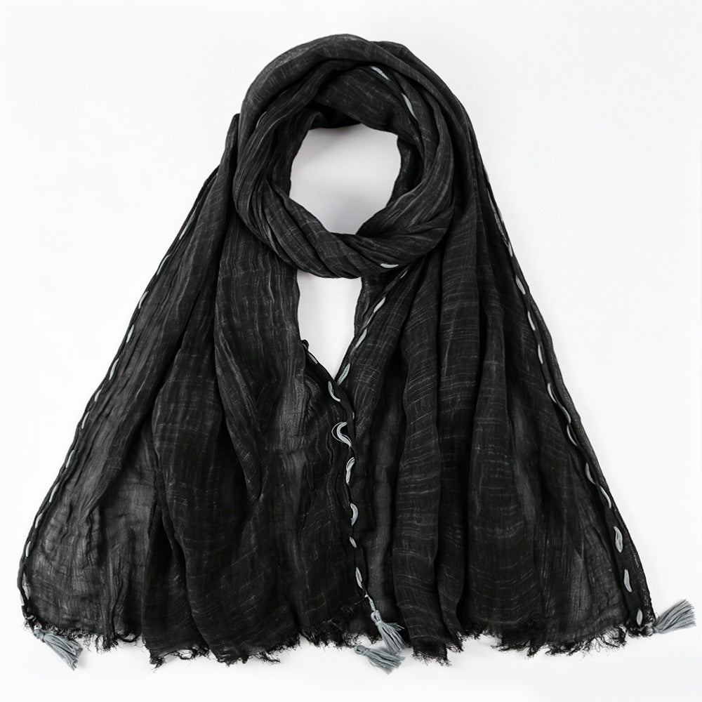 YC008  Crinkle Drawstring Polyester Fringe Tassel Hijab