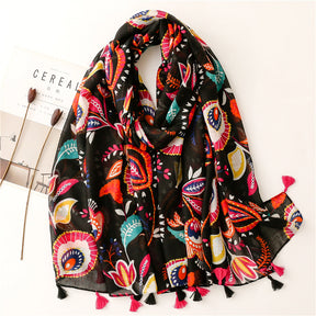 SL2202-009  Women's Ethnic Cotton Linen Feel Scarf with Wheat Ears Tassels
