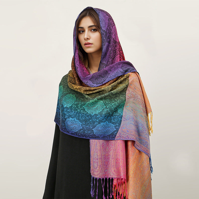 T318-01  Paisley Embroidered Ombre Tassel Polyester Cotton Scarf
