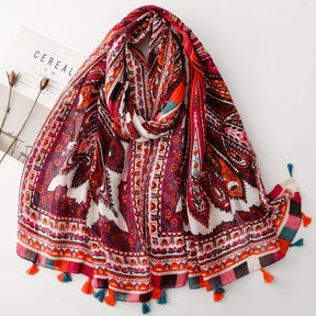 SL2202-009  Women's Ethnic Cotton Linen Feel Scarf with Wheat Ears Tassels
