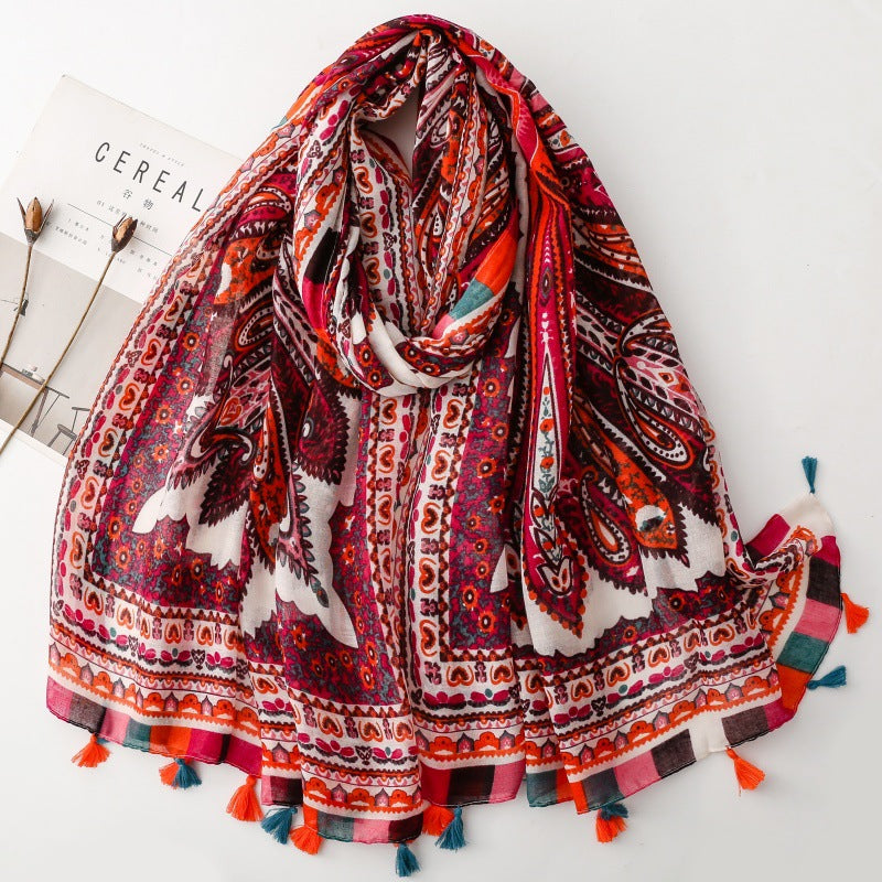 SL2202-009  Women's Ethnic Cotton Linen Feel Scarf with Wheat Ears Tassels