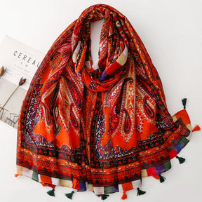 SL2202-009  Women's Ethnic Cotton Linen Feel Scarf with Wheat Ears Tassels