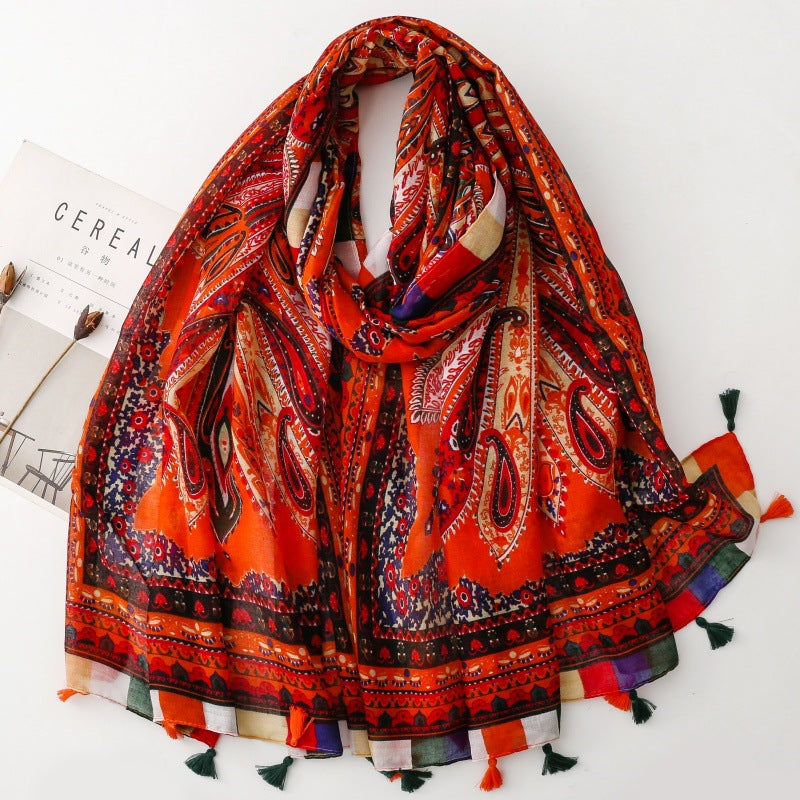 SL2202-009  Women's Ethnic Cotton Linen Feel Scarf with Wheat Ears Tassels