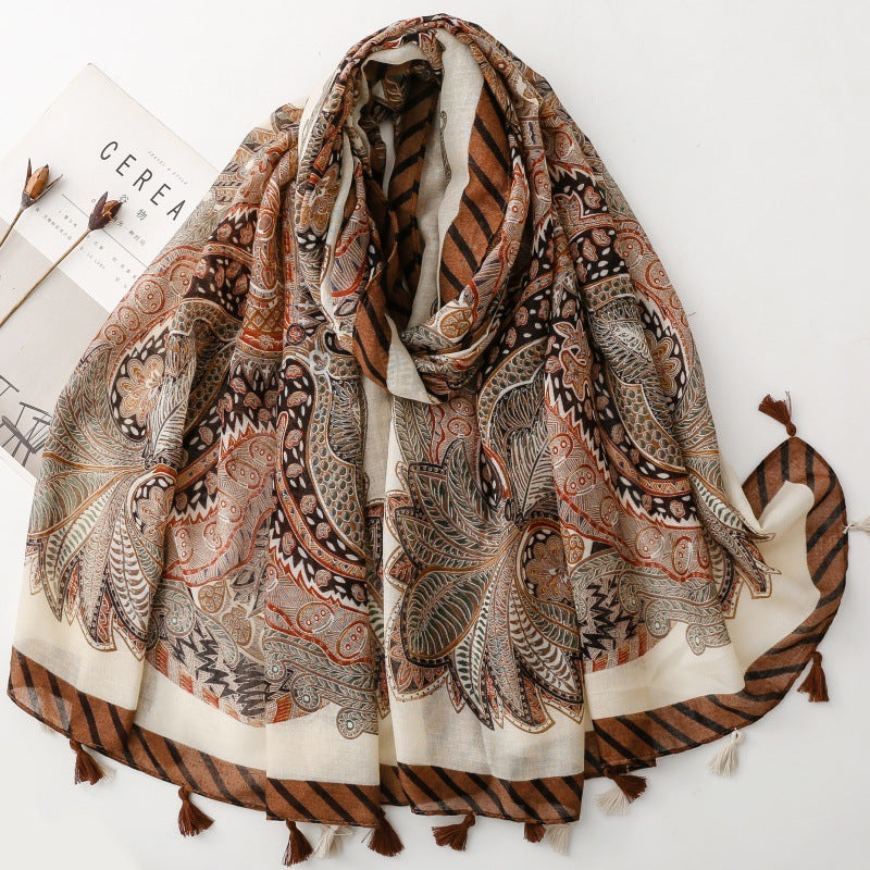 SL2202-009  Women's Ethnic Cotton Linen Feel Scarf with Wheat Ears Tassels