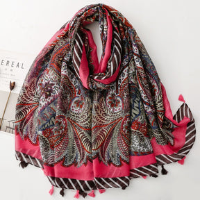 SL2202-009  Women's Ethnic Cotton Linen Feel Scarf with Wheat Ears Tassels