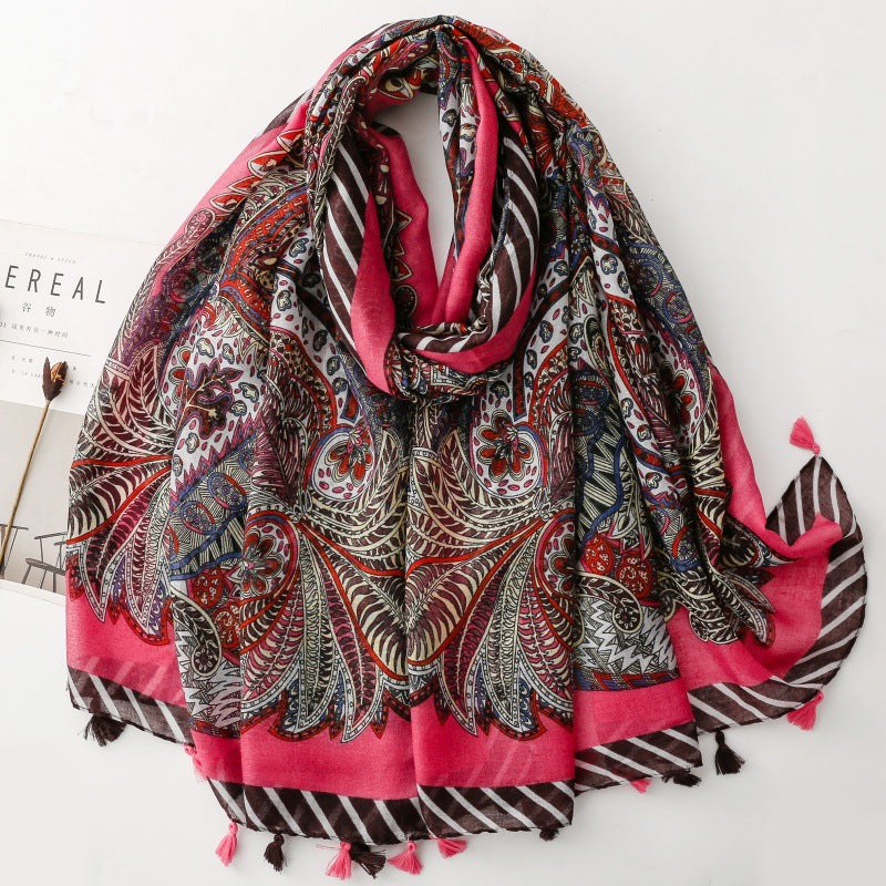 SL2202-009  Women's Ethnic Cotton Linen Feel Scarf with Wheat Ears Tassels