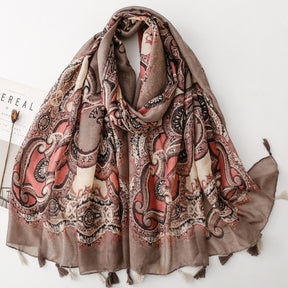 SL2202-009  Women's Ethnic Cotton Linen Feel Scarf with Wheat Ears Tassels