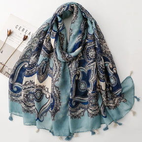 SL2202-009  Women's Ethnic Cotton Linen Feel Scarf with Wheat Ears Tassels
