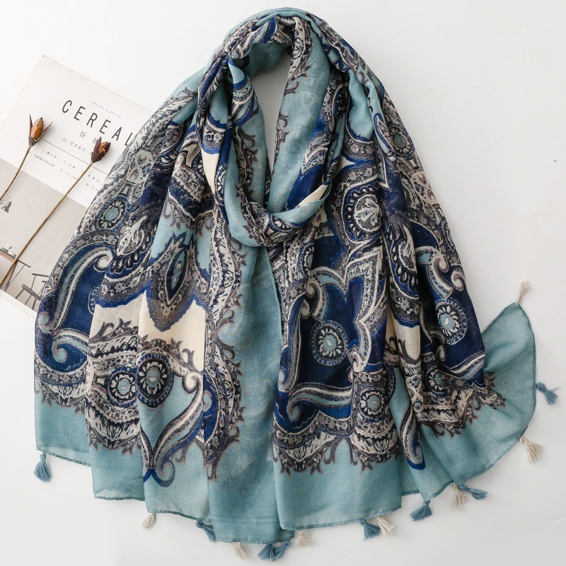 SL2202-009  Women's Ethnic Cotton Linen Feel Scarf with Wheat Ears Tassels